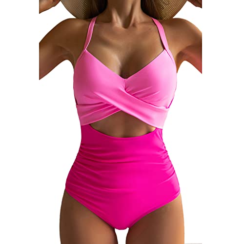 Early Amazon Prime Deals 16 Eomenie Women's One Piece Swimsuits Tummy Control Cutout High Waisted Bathing Suit Wrap Tie Back 1 Piece Swimsuit Pink Color Block
