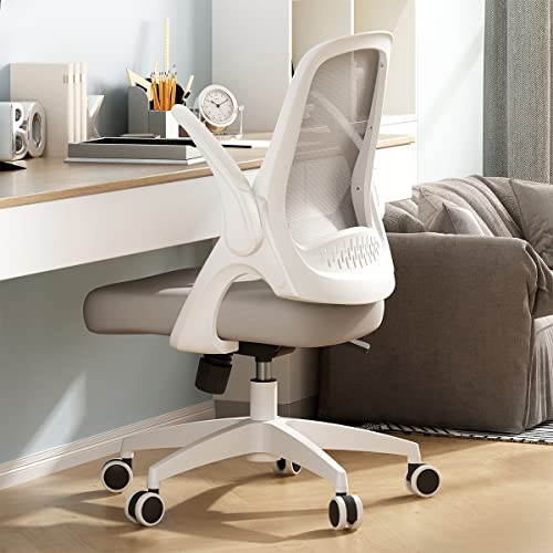 Hbada Home Office Desk Chair with Flip Up Arm, Breathable Mesh Back Lumbar Support Task Chair, Ergonomic Office Chair with Adjustable Height & PU Wheels, Swivel Computer Desk Chair, Beige