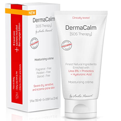 Clinically Tested DermaCalm SOS Therapy - Eczema Psoriasis Dermatitis Prone, Dry Skin - Urea 8%, Probiotics w/Best Natural Ingredients - Face & Body Moisturizing Lotion - Itchy, Severely Dry, Scaly Skin. Rash Relief. Adults & Kids, Eczema Cream