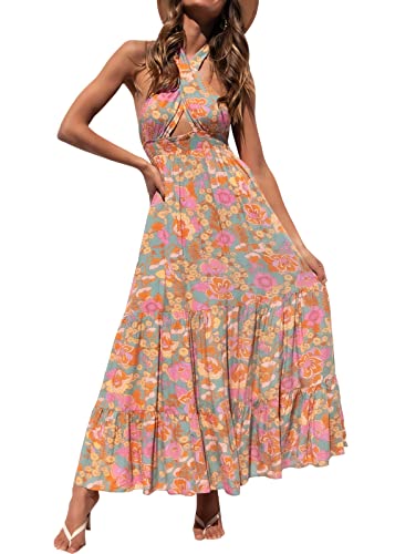 ZESICA Women's 2023 Summer Crossover Halter Neck Sleeveless Plaid Cut Out Backless Flowy A Line Maxi Dress,GreyGreen,Small