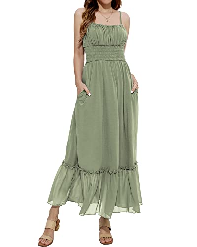 GRACE KARIN Women's Spaghetti Strap Maxi Dress Summer Boho Ruffle Dress Sleeveless Swing A-Line Smocked Waist Cami Dress with Pockets Green L