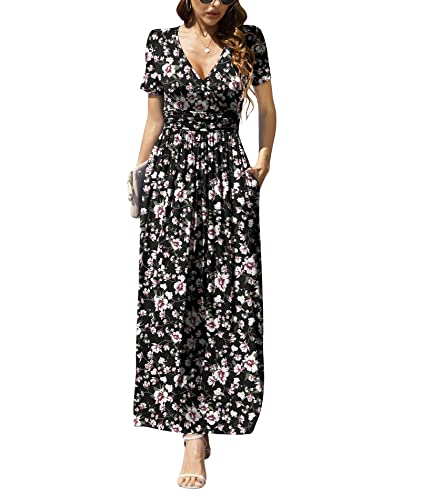 LILBETTER Flowy Beach Maxi Dress Short Sleeve Dress V Neck Dress with Pockets(Flower Black Pink,XX-Large)
