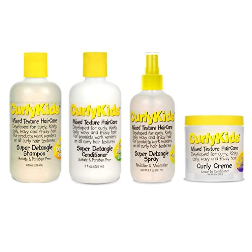 CurlyKids Mixed Hair HairCare Set Super Detangling Shampoo/Conditioner 8.0 Ounce, Spray 6.0 Ounce, Curly Crème Conditioner 6.0 Ounce - 4-Pack