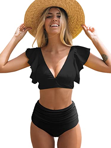 SPORLIKE Women Ruffle High Waist Swimsuit Two Pieces Push Up Black Bikini (Black,Large)