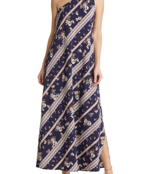 Chelsea28 One-Shoulder Maxi Dress in Navy Print at Nordstrom, Size Xx-Small