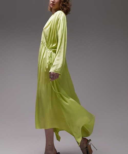 Topshop Ruched Oversize Long Sleeve Satin Maxi Dress in Light Green at Nordstrom, Size Small