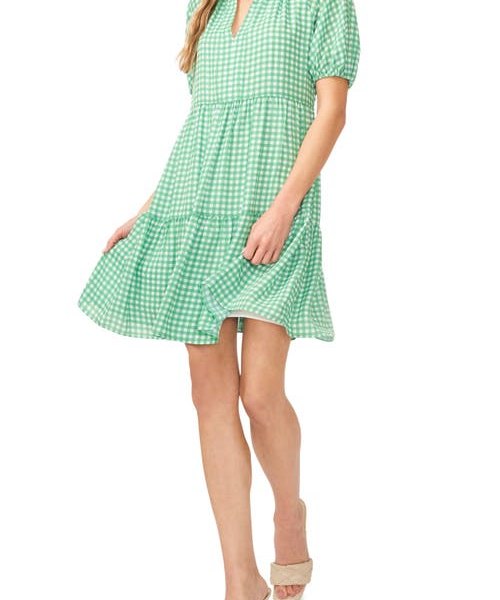 CeCe Gingham Print Babydoll Dress in Vivid Green at Nordstrom, Size Xx-Small