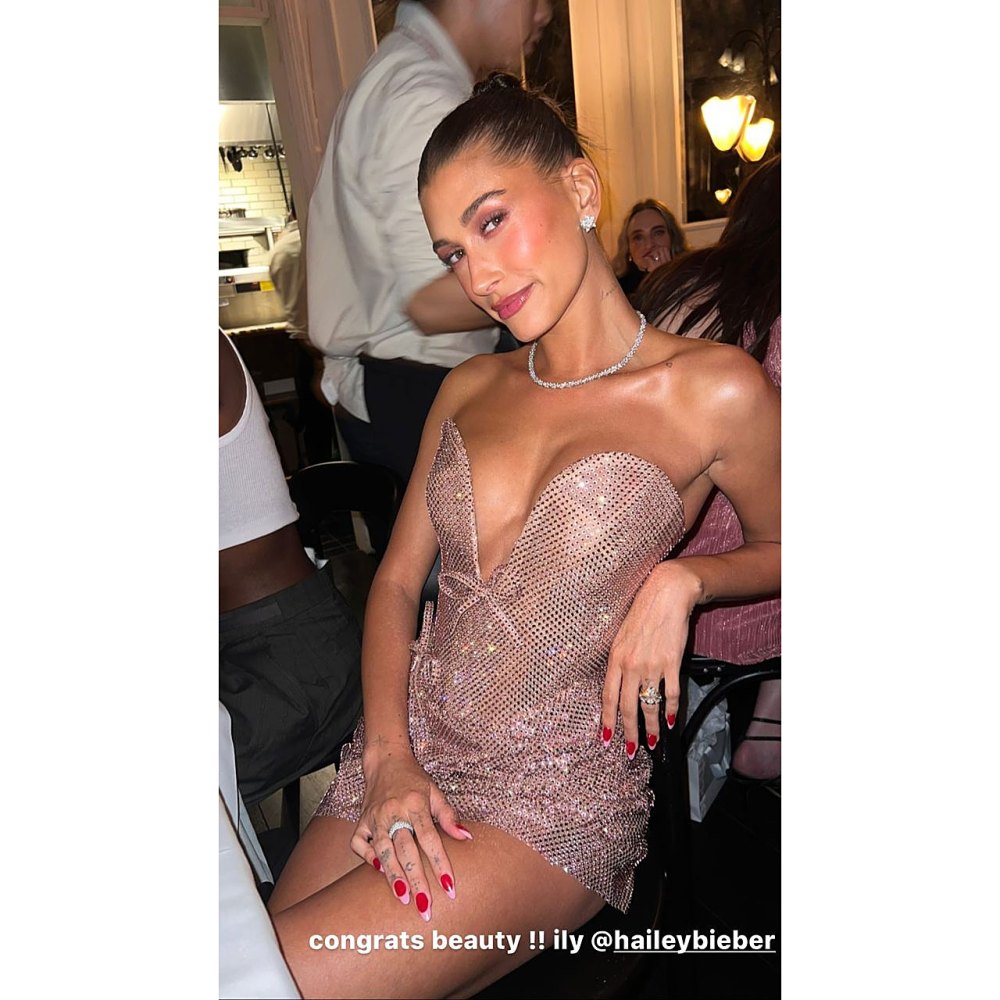 Hailey Bieber Sparkles in Daring Blush Minidress at Rhode Skincare Party