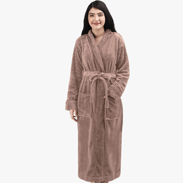 NY Threads Womens Fleece Bathrobe - Shawl Collar Soft Plush Spa Robe (Large, Taupe)