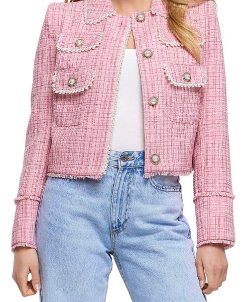 River Island Faux Pearl Crop Bouclé Blazer in Pink at Nordstrom, Size 8