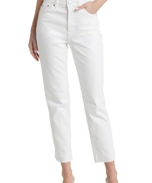 Topshop Straight Leg Raw Hem Jeans in White at Nordstrom, Size 28W X 32L