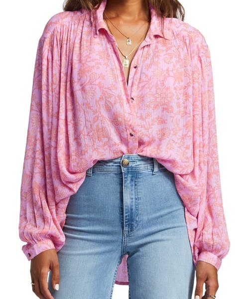 Billabong Day After Day Floral Drapey Button-Up Blouse in Pink Trails at Nordstrom, Size Small