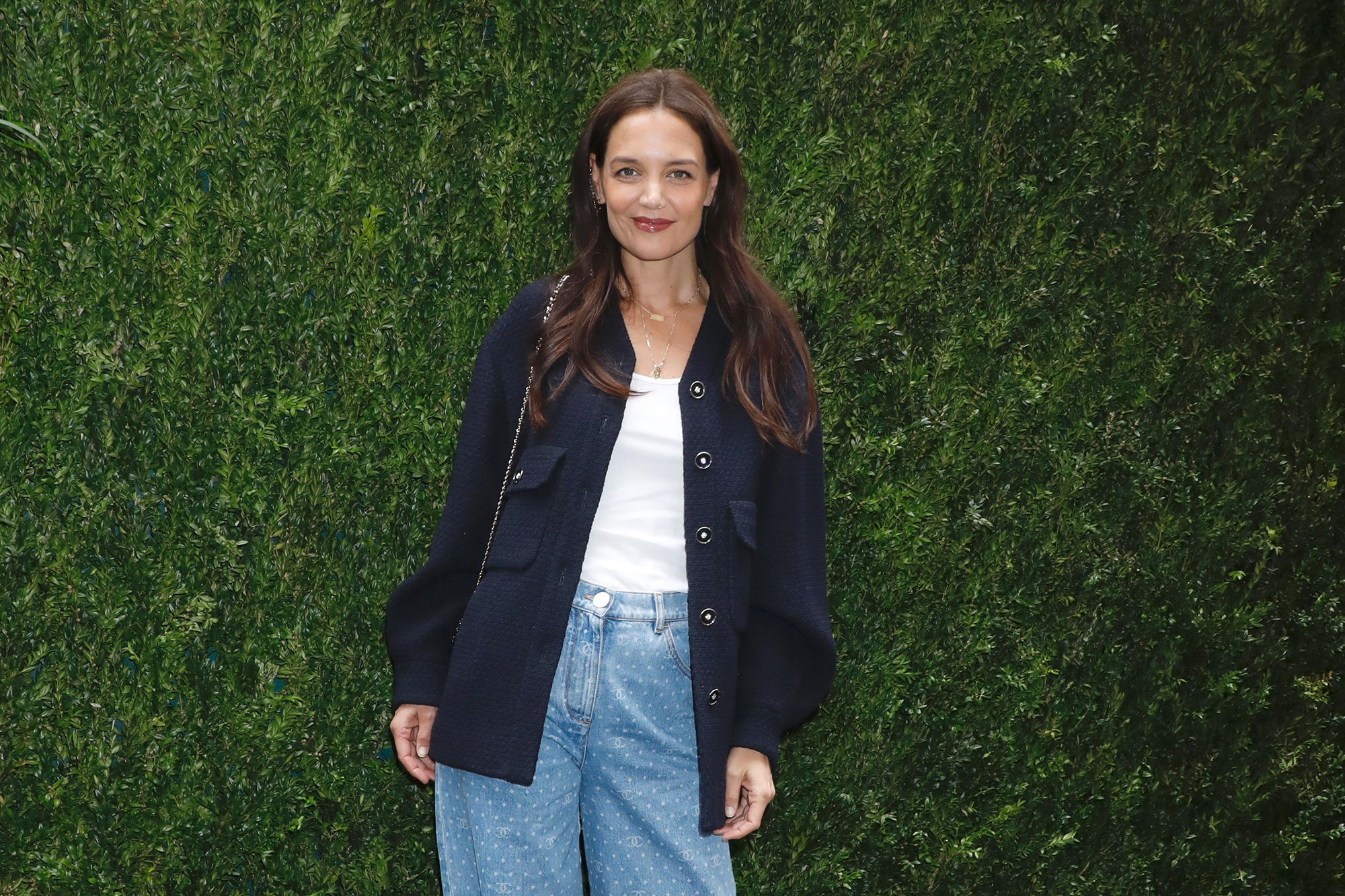 Katie Holmes Wears a Chanel Cardigan and Wide-Leg Jeans