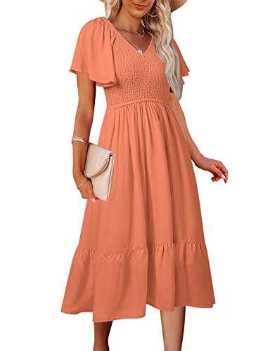MEROKEETY Womens Summer Flutter Short Sleeve Smocked Midi Dress Flowy Tiered A Line Beach Dress, Lightorange, M