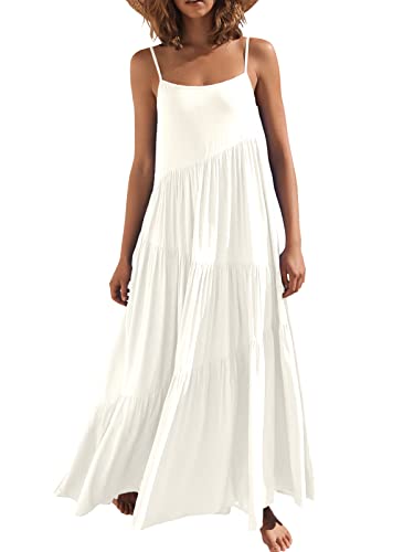 ANRABESS Women’s Summer Casual Loose Sleeveless Spaghetti Strap Tiered Asymmetric Beach Maxi Long Dress 523bai-XL White