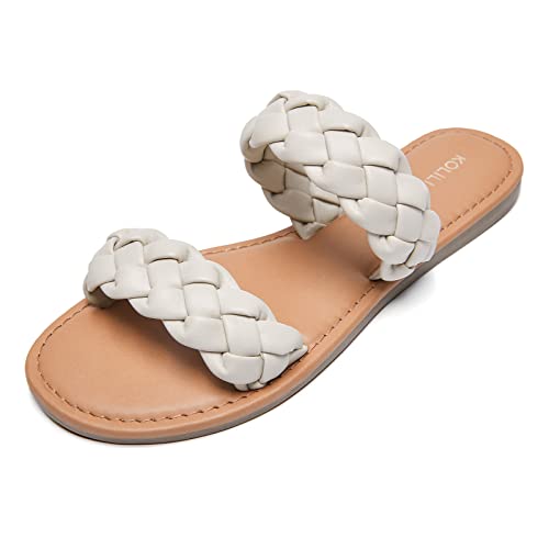 KOLILI Women's Braided Slide Sandals Open Toe Two Strap Slip On Flat Sandals Casual Summer Shoes Beige, 7 US