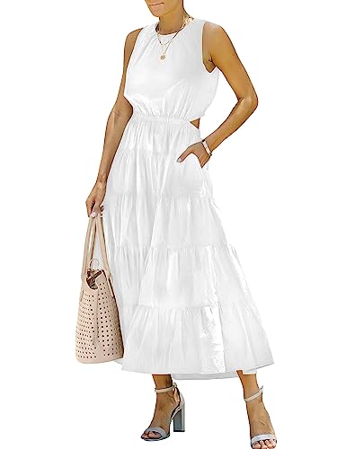 ANRABESS Womens 2023 Summer Sleeveless Cutout Maxi Dress Crewneck Tiered Flowy A-Line Sundress with Pockets 507-bai-S White