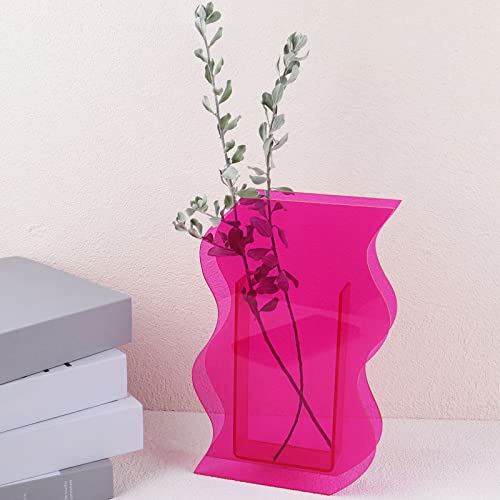 DaizySight Acrylic Flower Vase for Aesthetic Room Decor, Irregular Curvy Wave Plastic Decorative Vase for Bedroom, Living Room Table - Pink Wave