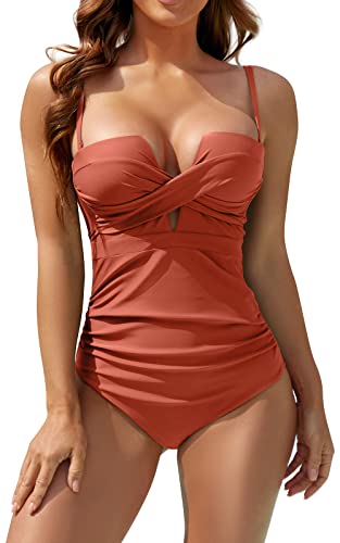 Eomenie Women's Push Up Wrap Tummy Control One Piece Swimsuit Bandeau Bathing Suits Slimming Twist Swimwear Caramel