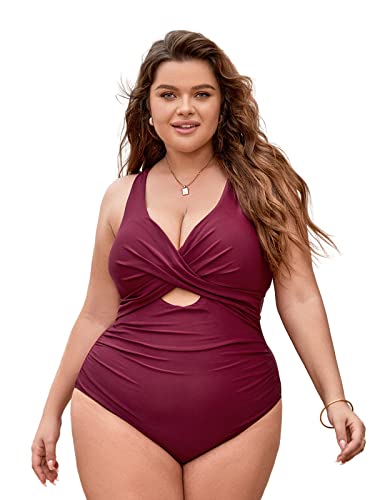 CUPSHE Plus Size Swimsuit for Women One Piece Bathing Suit Cutout Criss Cross V Neck Ruched Wide Cross Back Adjustable Straps,1X Red