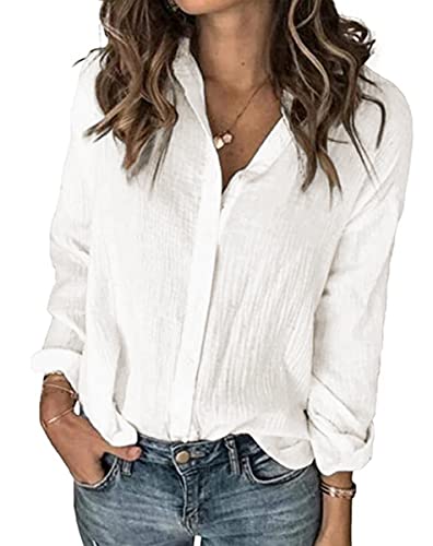 Poetsky Women's Casual V Neck Blouses Button Down Long Sleeve Shirts Tops (Off White M)