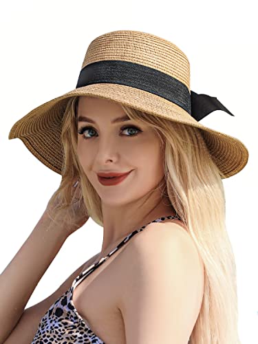 Sun Hat Womens - Beach Hats for Women, Wide Brim Straw Womens Sun Hat with Wind Lanyard Roll Up Beach Hat UV Protection Hat Foldable - Khaki
