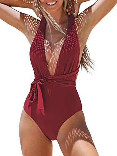 CUPSHE Women’s One Piece Swimsuit Sexy Deep V Neck Bathing Suit Crisscross Back Self Tie, M Red