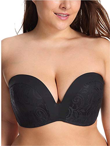 DELIMIRA Women's Strapless Bra Plunge Push Up for Big Busted Lace Slightly Lined Support Lift Plus Size Black 40DD
