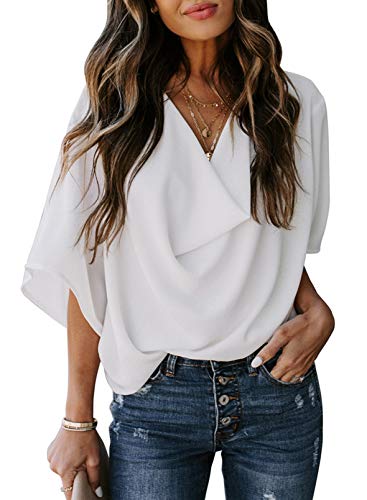 Dokotoo Sexy Womens Tops and Blouses Summer Short Sleeve V Neck Solid Color Ladies Wrap Draped Front Business Casual Chiffon Shirts Dressy Tops for Work Professional Spring Fashion 2023, White X-Large