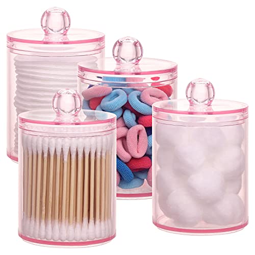 Tbestmax 4 pcs Qtips Holder Bathroom Container, 10 OZ Apothecary Jar, Pink Cotton Ball/Swabs Dispenser Organizer for Storage