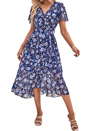 PRETTYGARDEN Women's 2023 Floral Summer Dress Wrap V Neck Short Sleeve Belted Ruffle Hem A-Line Bohemian Maxi Dresses (Navy White Floral,Medium)