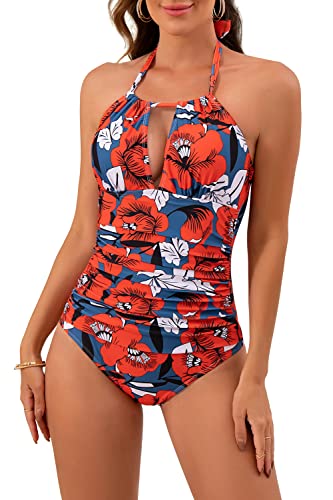B2prity Women's Slimming One Piece Swimsuits Tummy Control Bathing Suit Halter Swimwear for Big Busted Curvy Woman