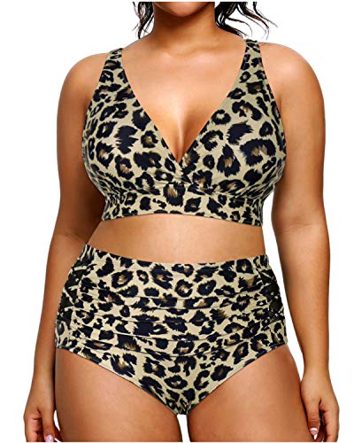 Yonique Womens Plus Size Bikini High Waisted Swimsuits Two Piece Bathing Suits Tummy Control Swimwear Leopard 14Plus