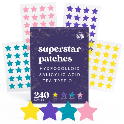LivaClean 240 CT Superstar Acne Patches w/Salicylic Acid & Tea Tree, Star Pimple Patch Pimple Patches for Face Pimple Patches Stars Hydrocolloid Acne Patches Cute Zit Patches for Face Healing Sticker