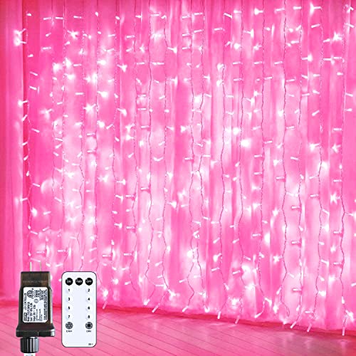 JMEXSUSS 300 LED Remote Control Pink Curtain Lights, 8 Modes Window Pink Twinkle Lights, Pink String Lights for Bedroom Window Wall Party Backdrop Valentine Decorations (9.8x9.8Ft)