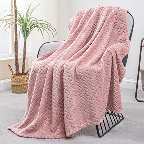 Exclusivo Mezcla Large Flannel Fleece Throw Blanket, 50x70 Inches Soft Jacquard Weave Leaves Pattern Blanket for Couch, Cozy, Warm, Lightweight and Decorative Dusty Pink Blanket