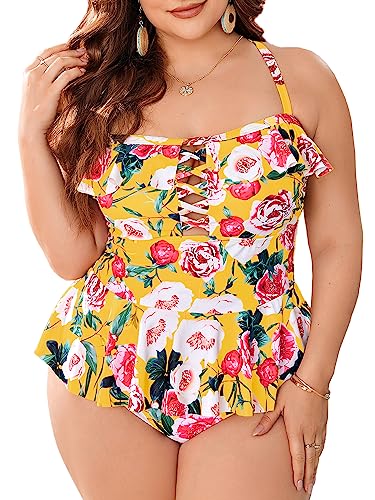 Womens Plus Size Swimwear Peplum Tankini Tops Tummy Control Floral Retro Swimsuits (Large, Foral (Yellow))