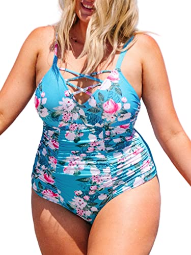 CUPSHE Women's Blue Floral Strappy Criss Cross Plus Size One Piece Swimsuit 0X