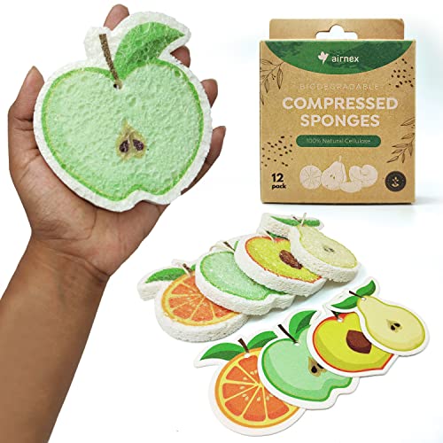 AIRNEX Biodegradable Cellulose Compressed Sponges - Pack of 12 Fruit Shaped Kitchen Sponges for Cleaning - Heavy Duty and Natural Household Cleaning Sponges Good for Kitchen, Bathroom, and Surfaces