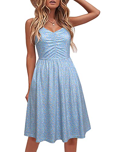YATHON Casual Dresses for Women Sleeveless Cotton Summer Beach Dress A Line Spaghetti Strap Sundresses with Pockets(YT090-Navy Florals 08,M)