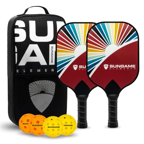 Sungame Elements Fiberglass Pickleball Paddles Set of 2 with 4 Balls & Pickle Ball Set Bag, A Pickleball Set of Lightweight Pickleball Rackets, Polypropylene Honeycomb Core, Cushion Grip