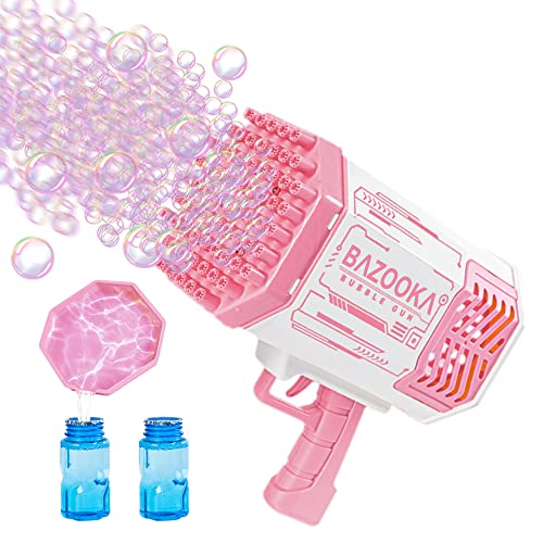 Bubble Machine Guns, Bubble Guns with Light, Bubble Solution, 69 Holes Bubbles Machine for Kids Adults, Summer Toy Gift for Outdoor Indoor Birthday Wedding Party - Pink Bubble Makers