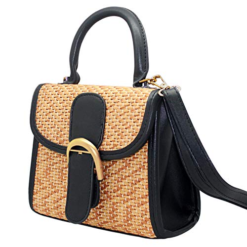 boshiho Retro Straw Woven Handbag Womens Cross Body Bag Shoulder Messenger Satchel (Large - Black)