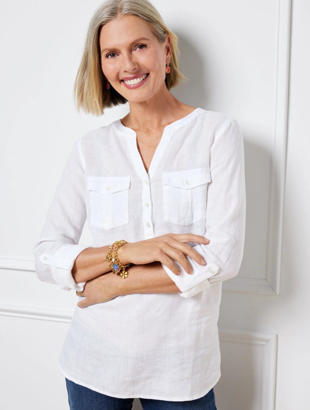 Linen Band Collar Popover &ndash; White