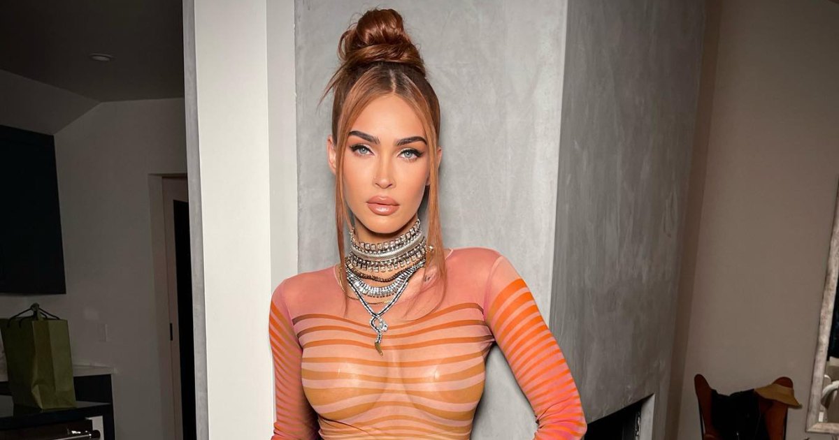megan fox sheer orange dress Megan Fox's Completely Sheer Striped Orange Dress Came With Matching Ginger Locks