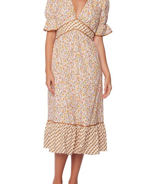 Lost + Wander Spring Sunrise Floral Cotton Midi Dress in Yellow Multi Floral at Nordstrom, Size Small