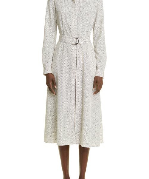 Lafayette 148 New York Abstract Print Long Sleeve Belted Shirtdress in Raffia Multi at Nordstrom, Size 2