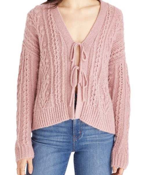 Madewell Cable Tie Front Cardigan Sweater in Heather Dusty Berry at Nordstrom, Size Small