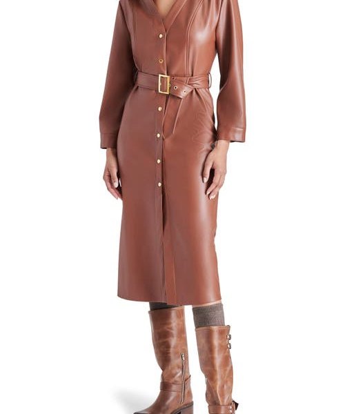 Steve Madden Belted Faux Leather Shirtdress in Cognac at Nordstrom, Size Large