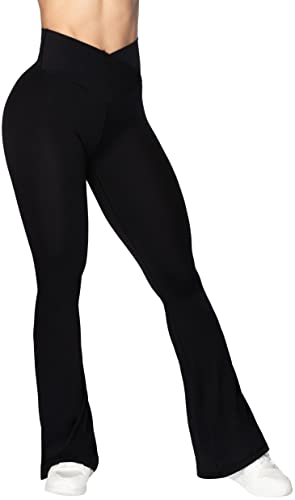 Sunzel Flare Leggings, Crossover Yoga Pants for Women with Tummy Control, High-Waisted and Wide Leg Black